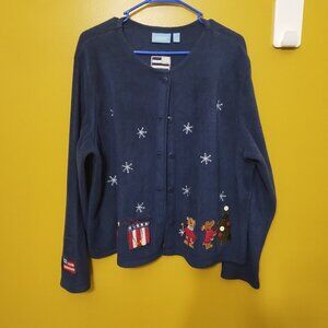 VTG Y2K Croft & Barrow Sport Embroidered Button Up Fleece Christmas Cardigan L